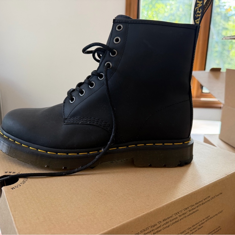 Dr. Martens Black Leather 8-Eye Lace-Up Boot with Yellow Stitching
